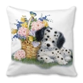 Kerstkussen van perzikhuid met aquarel puppy, bloemenmand en een klein blauw vogeltje - Aquarel Dalmatiërs en Vogel (1) / 45x45 cm
