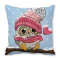 Christmas square cushion cover featuring a cartoon owl in a pink hat on light blue backdrop - Snowy Cartoon Owl (Style 22)