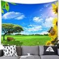 Aquarell Sonnenblumen Wandteppich mit Gartenbank und blauem Himmel Dekor - Naturlandschaft Sonnenblume (1) / Klein