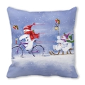 Light blue peach skin Christmas pillow cover with snowman riding a bicycle illustration - Snowman Riding Bicycle (40) / 45x45cm