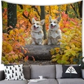 Close-up of cozy living room decor featuring two Corgis on a tapestry with autumn forest - 15 / 100x70(Peach Skin)