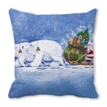 Detailed view of Christmas pillow featuring Santa and polar bears on blue peach skin fabric - Polar Bear Sleigh Ride (38) / 45x45cm