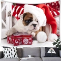 Detail view of bulldog puppy Christmas tapestry hung above a sofa for holiday home decor - 150x100cm (Peach Skin) / Christmas Bulldog Style (1)