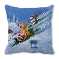 Detailed view of Christmas pillow featuring Santa and reindeer on soft peach skin fabric - Snowy Slope Sliding (35) / 45x45cm