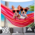 Arazzo estivo con cani divertenti con occhiali da sole su un'amaca a righe colorate - Due Cani in Amaca (Stile 6) / 150x100cm
