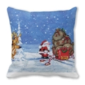 Detailed view of Merry Christmas throw pillow featuring Santa Claus and sleigh illustration - Sleigh Full of Presents (23) / 45x45cm