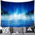 Blue Aurora forest landscape tapestry hung over a modern grey fabric sofa - 100X70 / Aurora Forest (17)