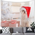Detail of Christmas wall tapestry featuring a dog in a Santa hat above a modern grey sofa - 150x100cm (Peach Skin) / Christmas Maltese Style (6)