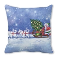 Detailed view of Merry Christmas throw pillow featuring sled dog and tree on peach skin fabric - Sled Dogs and Presents (31) / 45x45cm