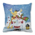 Close-up of peach skin fabric texture on square Christmas pillow with festive cartoon print - Friends Singing Carols (18) / 45x45cm