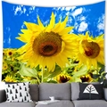 Sunflower watercolor tapestry on polyester fabric hanging above a grey sofa - 200X150 / Sunflower Field View Style (6)
