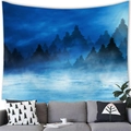 Blue misty forest landscape tapestry hanging above a grey sofa for home wall decor - 100X70 / Ethereal Blue Forest (16)
