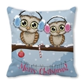 Winter owl Christmas pillowcase with Merry Christmas text on blue snowflake background - Christmas Owl Friends (Style 24)
