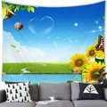 Wandteppich mit Aquarell-Sonnenblumen und Heißluftballons über einem Sofa - Sonnenblume Ballon Landschaft (3) / Klein