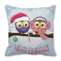Cartoon owls Christmas pillow cover with peach skin texture and Merry Christmas print - Christmas Owl and Candy Cane (Style 25)