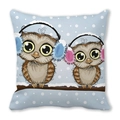 Winter cartoon owl peach skin pillowcase with cute birds on snowy branches illustration - Owls in the Snow (Style 26)