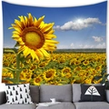 Watercolor sunflower field wall tapestry displayed above a modern sofa in a living room - 100X70 / Sunny Sunflower View Style (5)