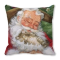 Detail of Christmas pillowcase featuring Santa Claus holding a sleeping cat illustration - Santa Holding Kitten Style(38)