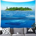 Whale leaping in sea landscape tapestry hanging over a modern grey sofa in a living room - 100x70(Peach Skin) / Deep Sea Whale and Calf with Island (16)
