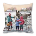 Detail of Christmas peach skin pillow featuring kids feeding a donkey in a snowy scene - Feeding Donkey at Fence (36) / 45x45cm