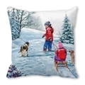 Detail of Christmas peach skin cushion cover featuring oil painting winter snow scene - Kids Playing with Dogs (35) / 45x45cm