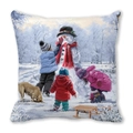 Square peach skin pillow with oil painting scene of kids and snowman for Christmas - Oil Painting Building Snowman (33) / 45x45cm