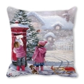 Detail of square cushion cover featuring winter scenery illustration and snowy house - Kids Mailing at Postbox (34) / 45x45cm
