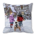 Detail of Christmas peach skin cushion cover with painted snowy scene and children - Christmas Snow with Sled Dog (32) / 45x45cm