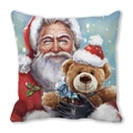 Merry Christmas square pillow featuring Santa Claus hugging a teddy bear on white background - Santa with Teddy Bear Style(29)