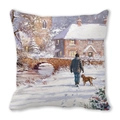 Detail of artistic oil painting print on Christmas peach skin pillowcase with snow scene - Town Snow Scene Walking Dog (29) / 45x45cm