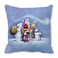 Blue Christmas throw pillow with Santa Claus, polar bear, and penguin illustration - Ice Blue Snow Friends (2)