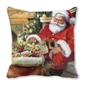 Detailed oil painting print of Santa Claus by a Christmas tree on a soft square cushion cover - Santa with Gift Bag and Fireplace Style(26)