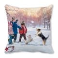 Detail of soft peach skin cushion featuring artistic winter snow scene and kids - Kids and Puppies in Snow (30) / 45x45cm