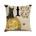 Halloween kussensloop met zwarte kat, pompoenlantaarn en Trick or Treat tekst op linnen - Zwarte Kat Pompoen Vleermuis (Vintage Bruin)
