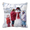 Detailed close-up of a square cushion featuring an artistic winter oil painting with children - Kids Snowman Lantern House (27) / 45x45cm