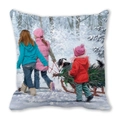 Detail of soft peach skin Christmas pillow cover showing kids and dog in snowy forest scene - Transporting Christmas Tree in Forest (26) / 45x45cm