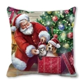 Detailed view of Christmas pillow showing Santa with pets and festive tree pattern - Santa with Cat and Dog Style(23)