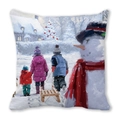 Detail of Christmas throw pillow featuring an oil painting style winter snow scene - Kids Sled and Snowman (25) / 45x45cm