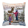 Detail of Christmas cushion featuring a winter oil painting with kids and a donkey - Kids with Donkey in Snow (24) / 45x45cm