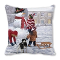 Detail view of festive winter oil painting print on velvet Christmas pillowcase - Kids and Snowman Combo (23) / 45x45cm