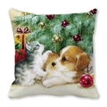 Housse de coussin de Noël avec motif aquarelle chat et chien sur fond blanc - Chat Gris Blanc et Chiot Doré (30)