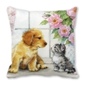 Housse de coussin décorative de Noël avec chat et chien en peau de pêche pour canapé - Chiot Doré Chat Gris à la Fenêtre (24)