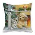 Christmas pillowcase featuring cute puppy and kitten looking at snowy winter tree - Cat and Dog by the Window Snow Scene (1)