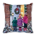 Merry Christmas peach skin pillow cover with vintage oil painting kids and dog - Snow Night Kids Red Brick House (15) / 45x45cm