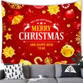 Merry Christmas tapestry with gold bells and red ribbon hanging above a modern grey sofa - 150x100(Peach Skin) / Red Bells Gift Style (6)