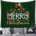 Detail of Merry Christmas tapestry showing fabric texture above a sofa in a cozy room - 100x70(Peach Skin) / Dark Green Vertical Stripe Script Style (7)