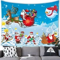 Close-up of soft brushed polyester Christmas tapestry featuring Santa Claus and reindeer - 100x70(Peach Skin) / Blue Winter Night Forest Illustration Style (10)