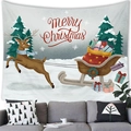 Detail of a Merry Christmas wall tapestry showing reindeer, sleigh, and festive trees - 100x70(Peach Skin) / Red Hand-drawn Leaping Reindeer Style (14)