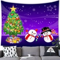 Detail of cartoon snowmen and decorated Christmas tree on a purple star tapestry - 100x70(Peach Skin) / Deep Purple Starry Snowman and Tree Style (13)