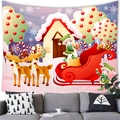Detail of Christmas tapestry showing cartoon reindeer and gift sleigh over a modern sofa - 100x70(Peach Skin) / Pink Purple Gradient Cartoon House Style (12)